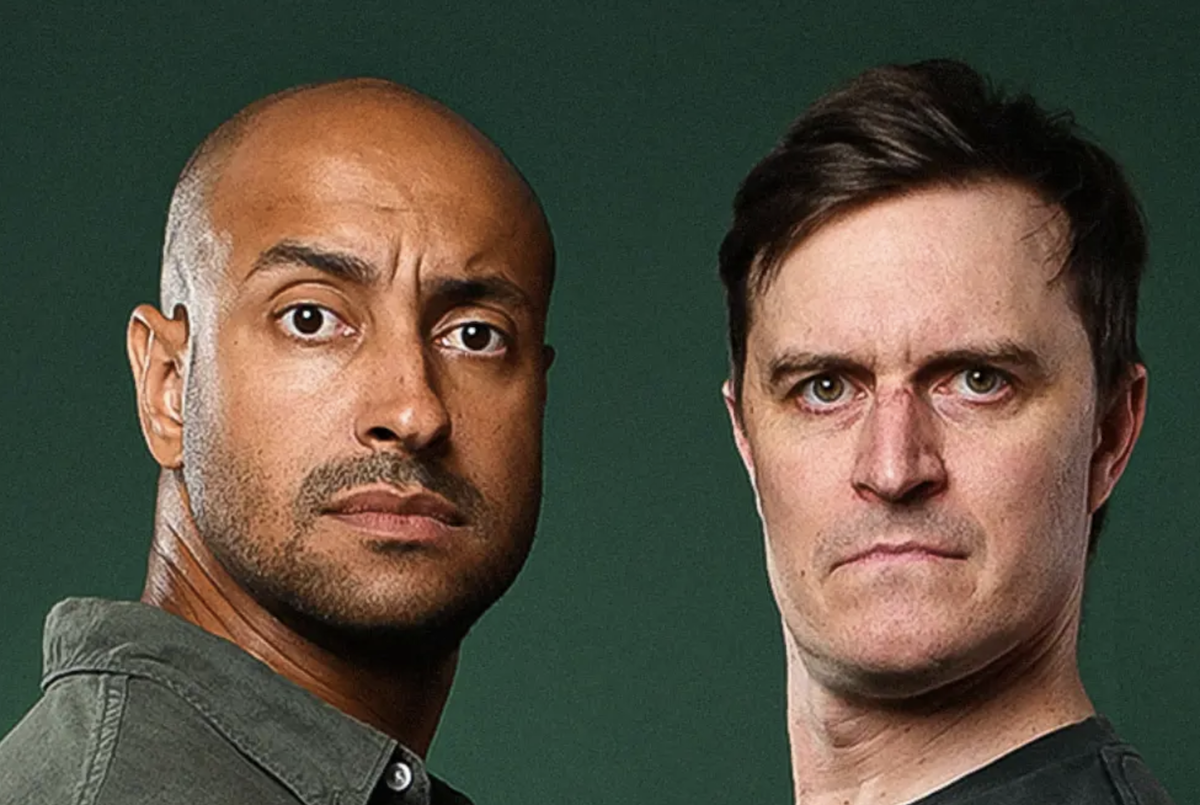 Australian podcast duo Matt & Alex (Matt Okine and Alex Dyson) close-up portrait with intense expressions on a green backdrop.